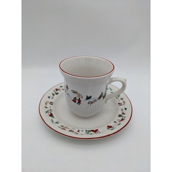 vintage Farberware White Christmas Snow Teacup And Saucer Coffee Mug set of 2 - Picture 4 of 9